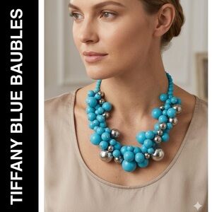 Stunning Tiffany Blue & Silver Bubble Kinetic Cluster 16”L Statement Necklace
